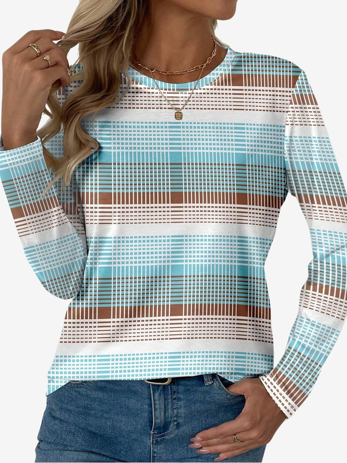 Women's Long Sleeve T-shirt Spring/Fall Blue Striped Jersey Crew Neck Daily Going Out Casual Top