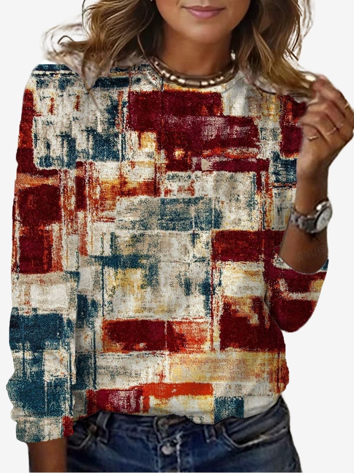 Geometric Print Long Sleeve Crew Neck T-shirt