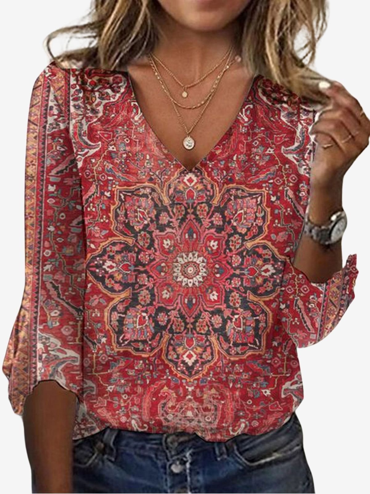 Ethnic Print Long Sleeve V-Neck T-shirt