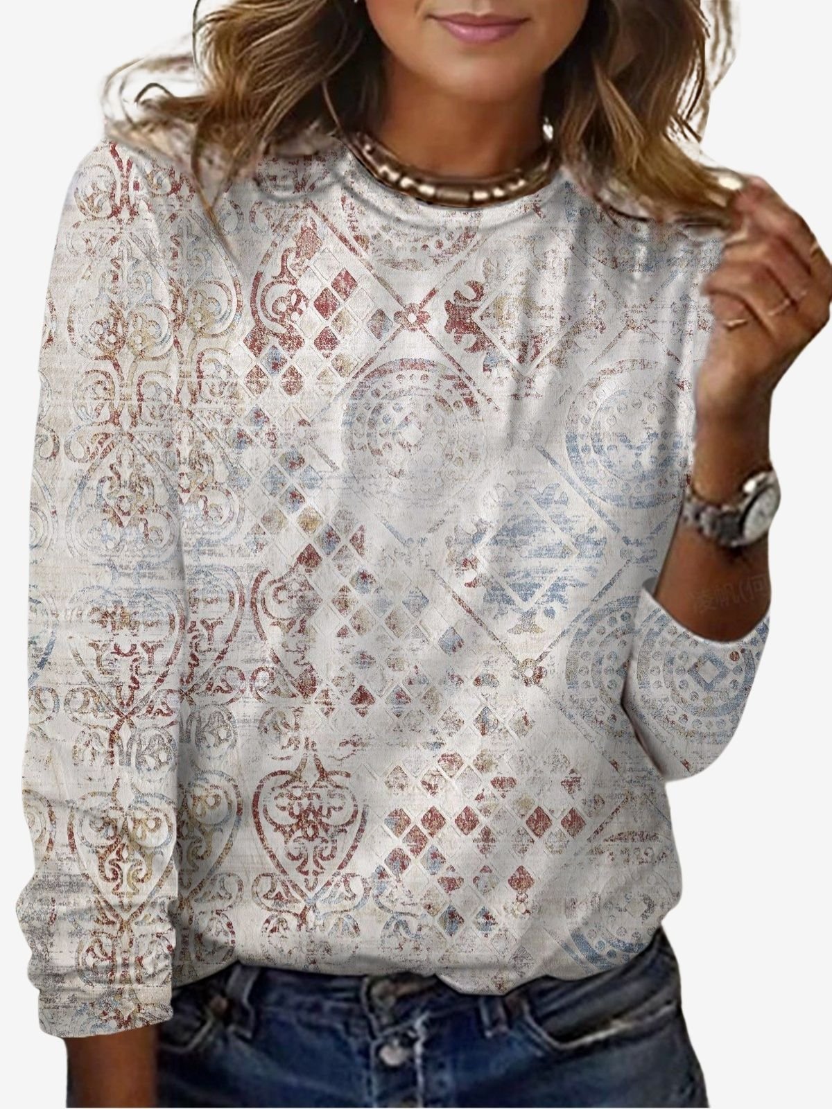 Ethnic Print Long Sleeve Crew Neck T-shirt