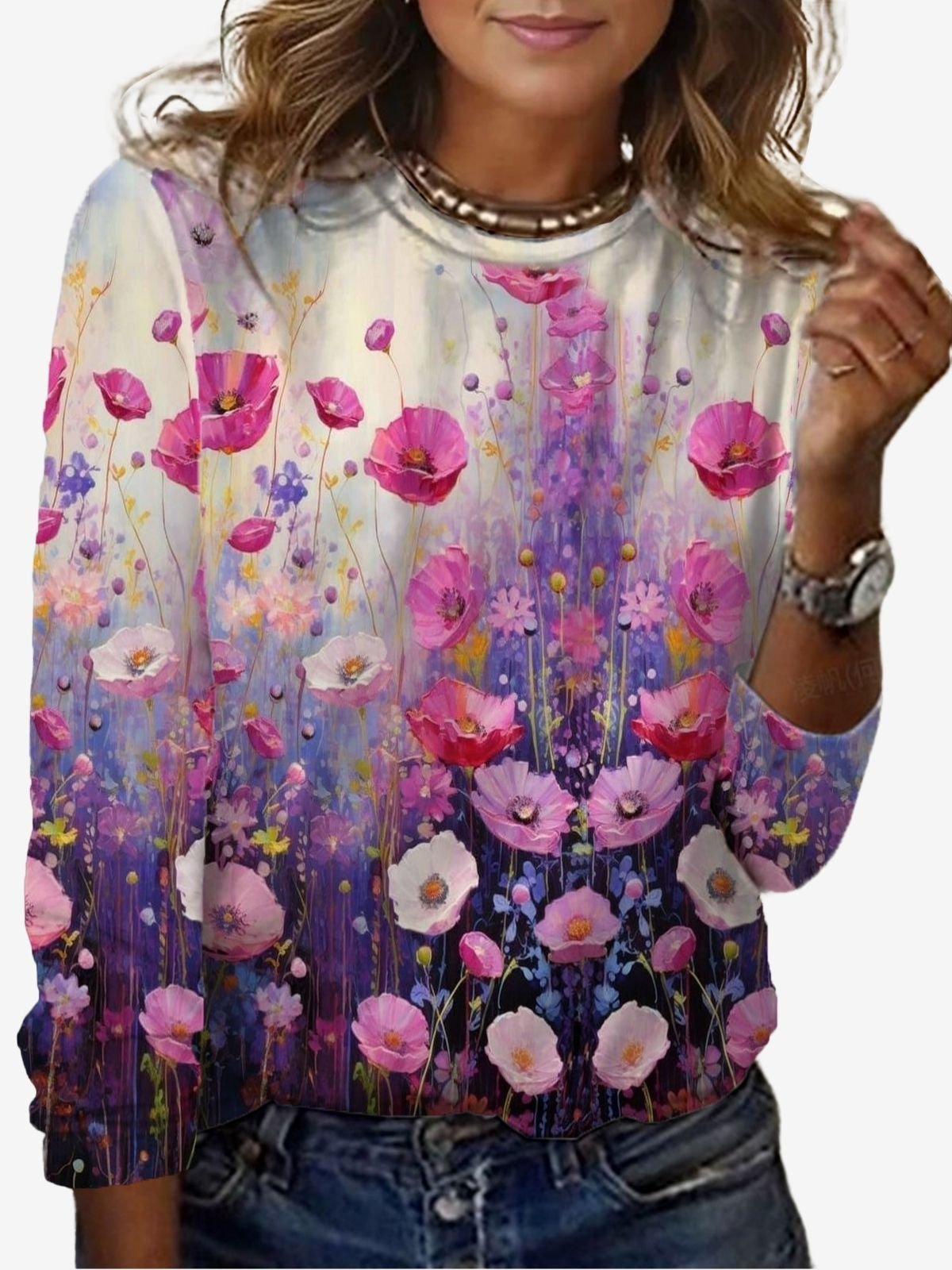 Floral Print Long Sleeve Crew Neck T-shirt