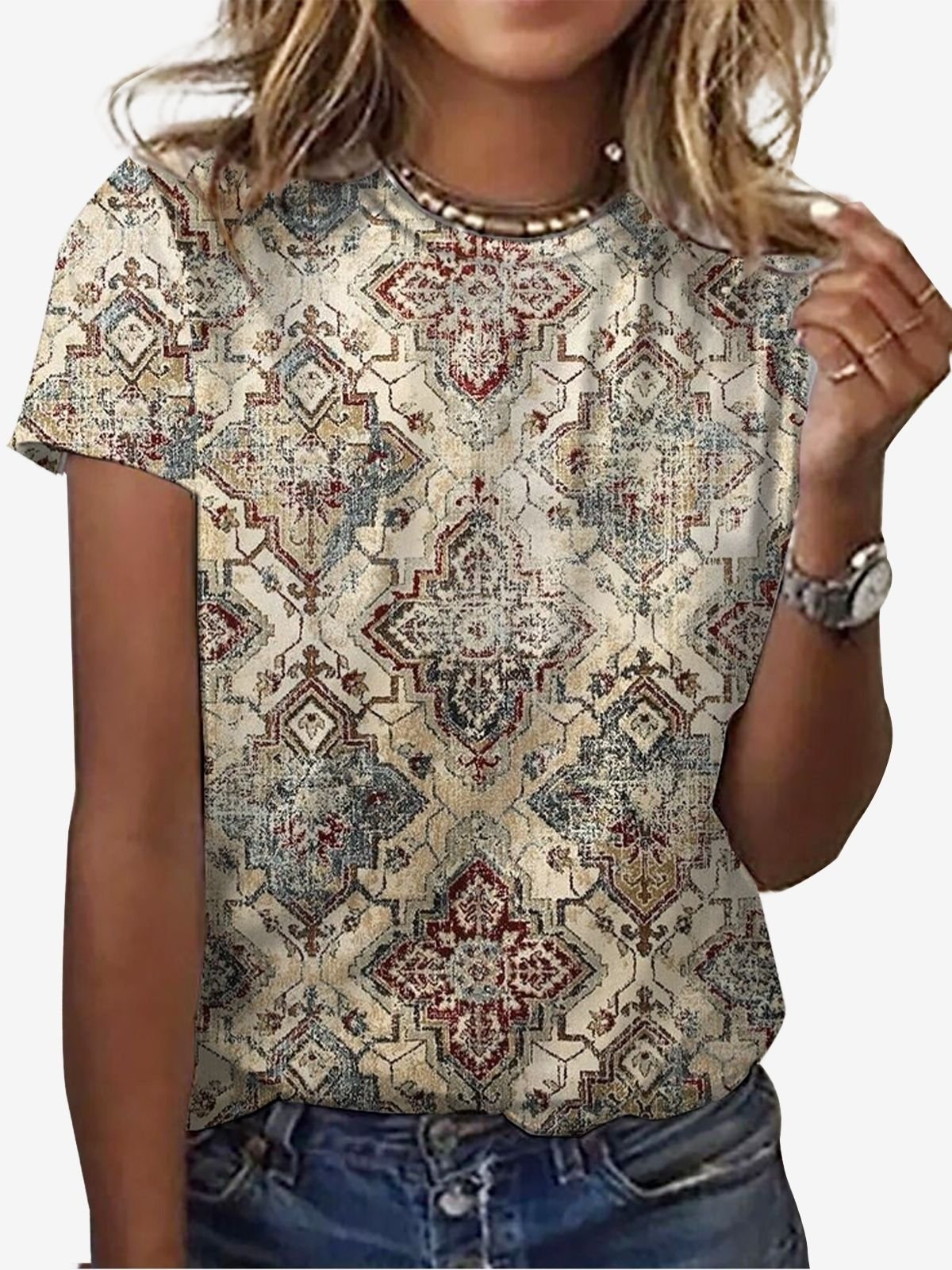 Ethnic Print Short Sleeve V-Neck T-shirt