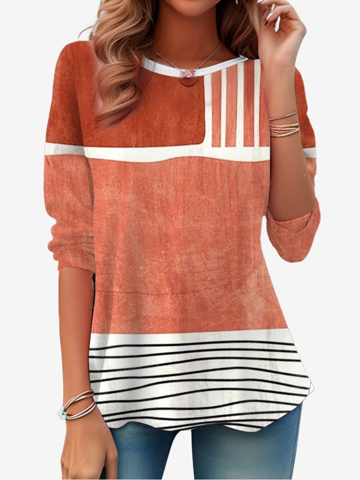 Women's Long Sleeve T-shirt Spring/Fall Orange Striped Printing Jersey Crew Neck Holiday Going Out Casual Top