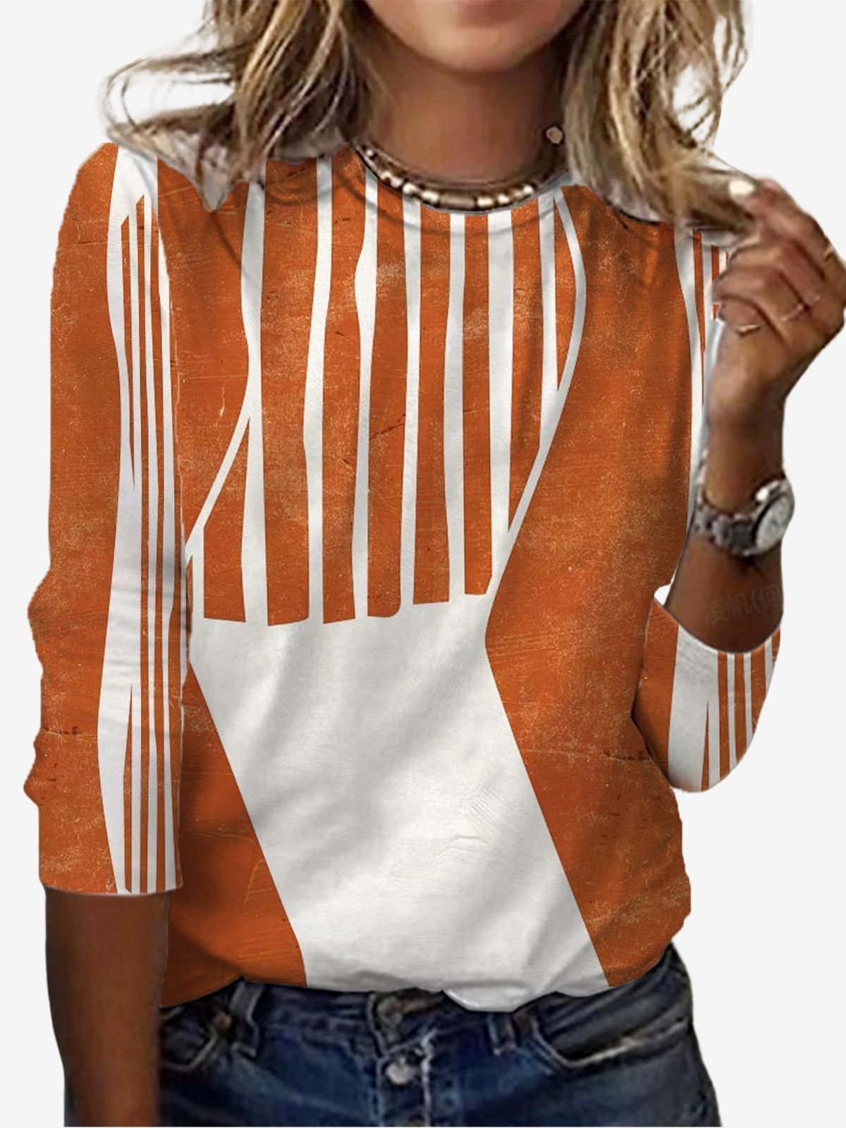 Women's Long Sleeve T-shirt Spring/Fall Orange Striped Jersey Crew Neck Daily Going Out Casual Top