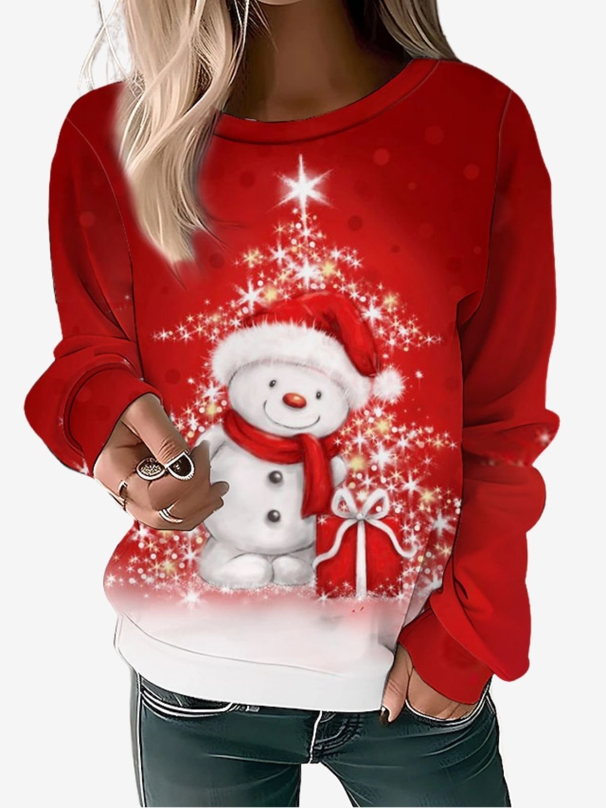 Christmas Snowman Design Round Neck Casual Sweatshirt