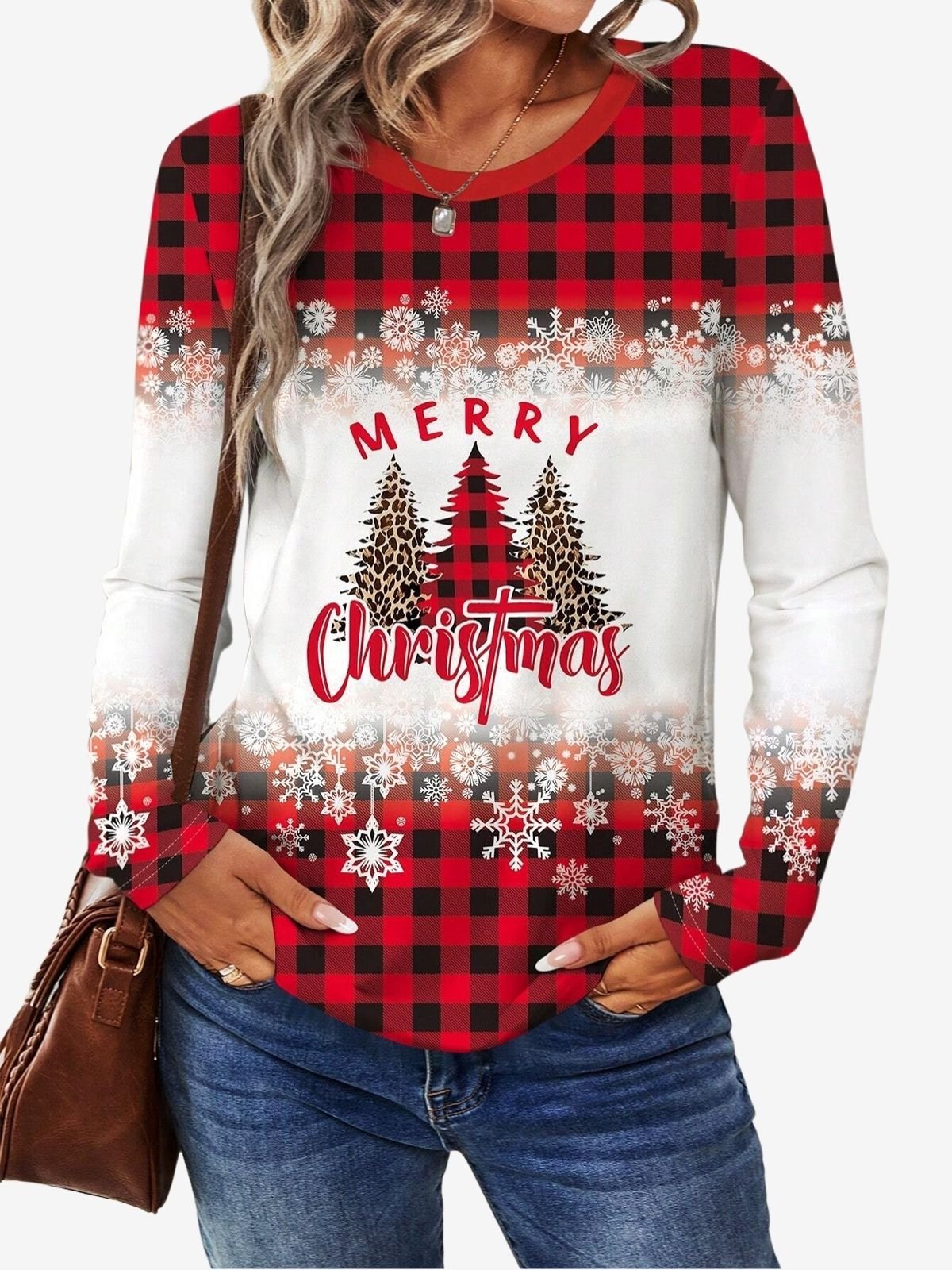 Plaid Christmas Print Round Neck Long Sleeve T-Shirt