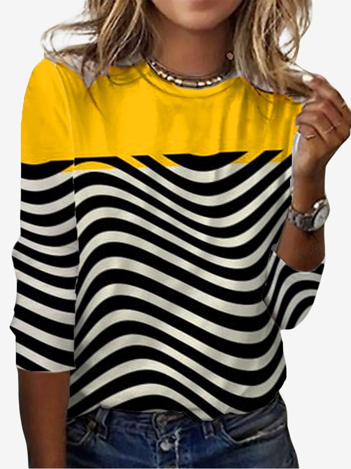 Women's Long Sleeve T-shirt Spring/Fall Yellow Striped Jersey Crew Neck Daily Going Out Casual Top