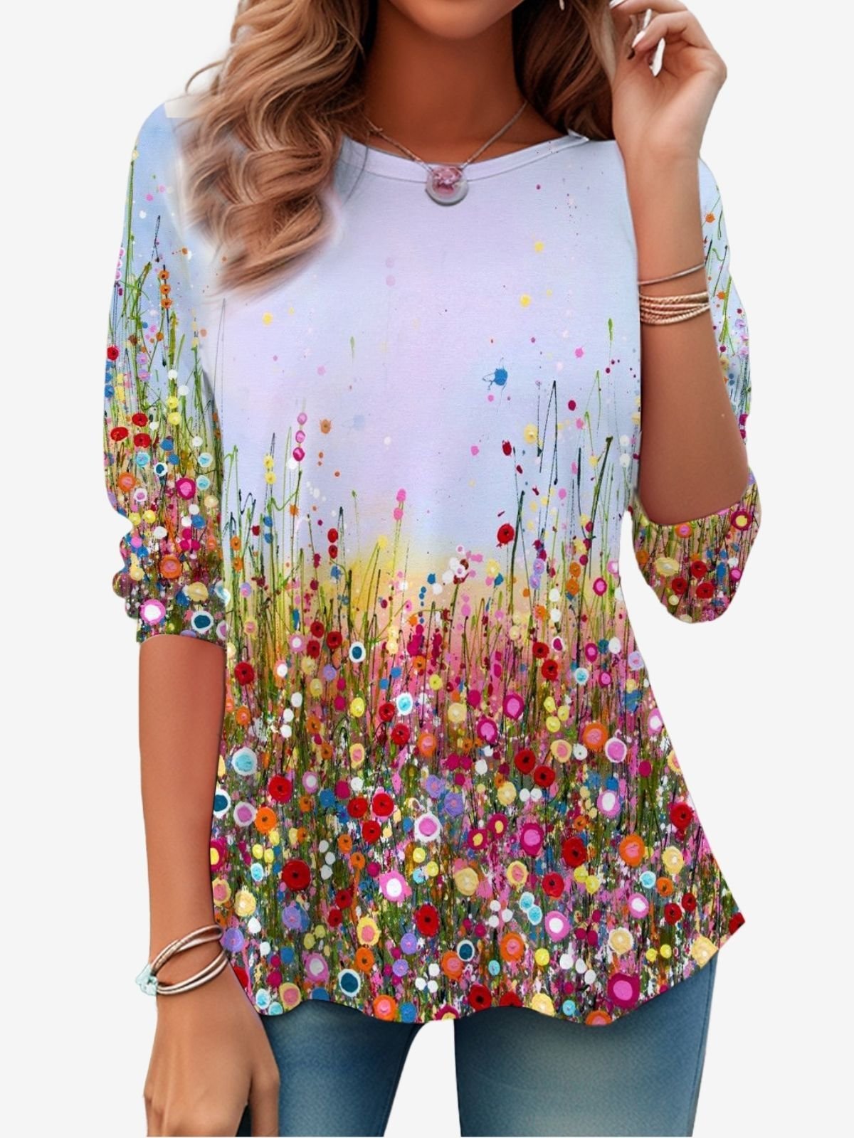 Floral Print Long Sleeve Crew Neck T-shirt