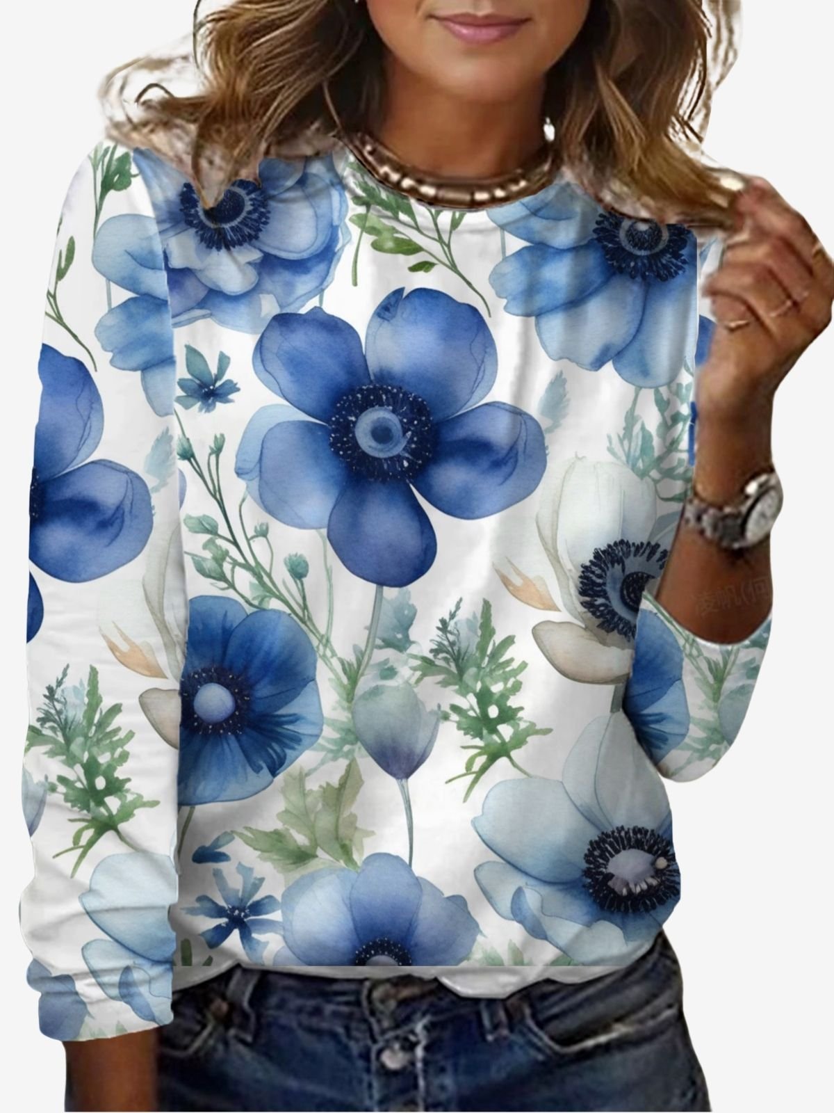 Floral Print Long Sleeve Crew Neck T-shirt