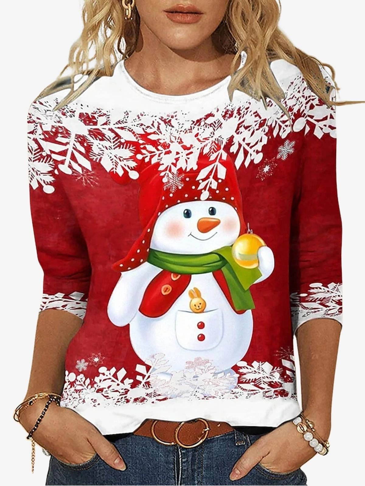 Women's Long Sleeve T-shirt Spring/Fall Red Christmas Snowman Printing Jersey Crew Neck Holiday Going Out Casual Top