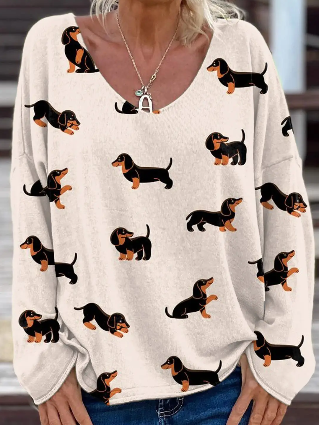 Women's Dogs Print Casual V-Neck Loose T-Shirt