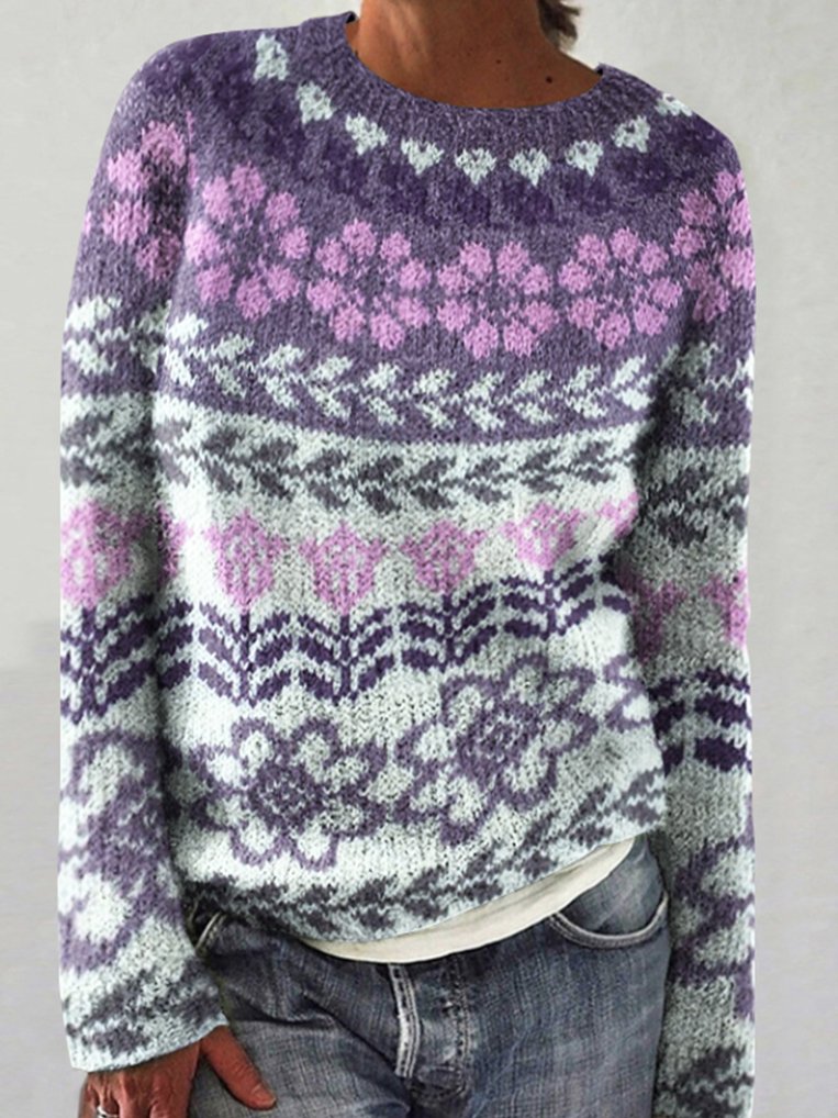 Flower patterned Icelandic round neck knitted sweater