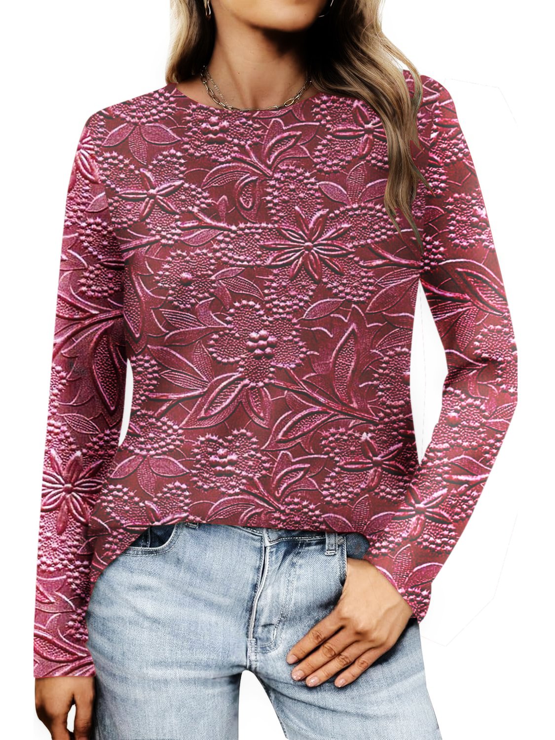 Retro 3D floral pattern long sleeved T-shirt