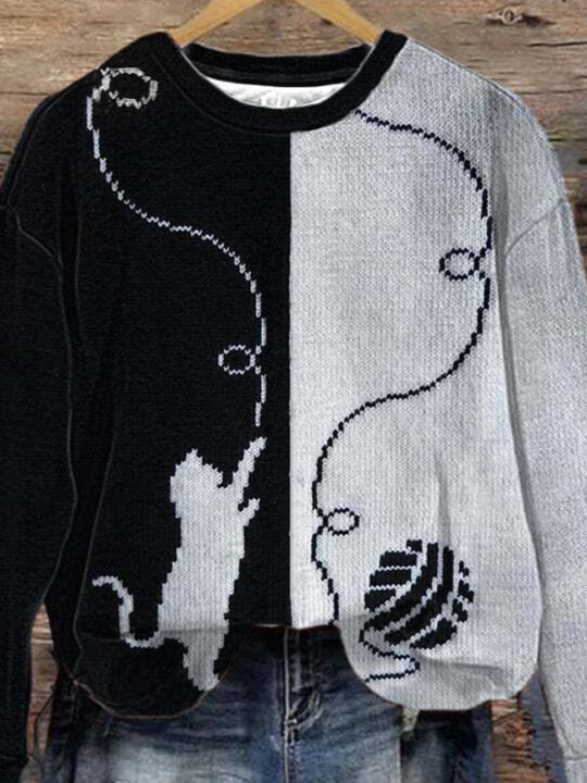 Black And White Cute Cat Print Sweatshirt