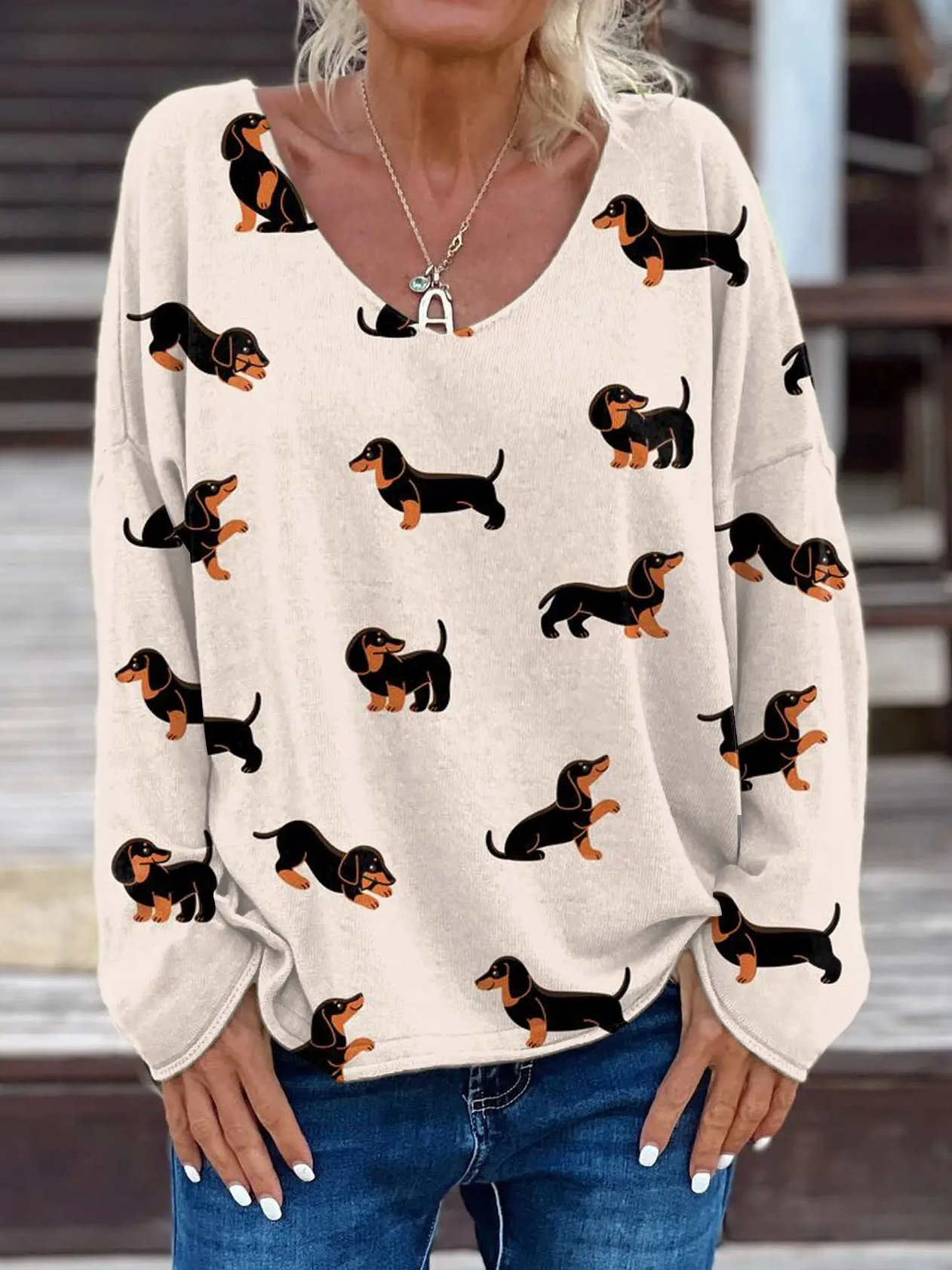 Women's Dogs Print Casual V-Neck Loose T-Shirt