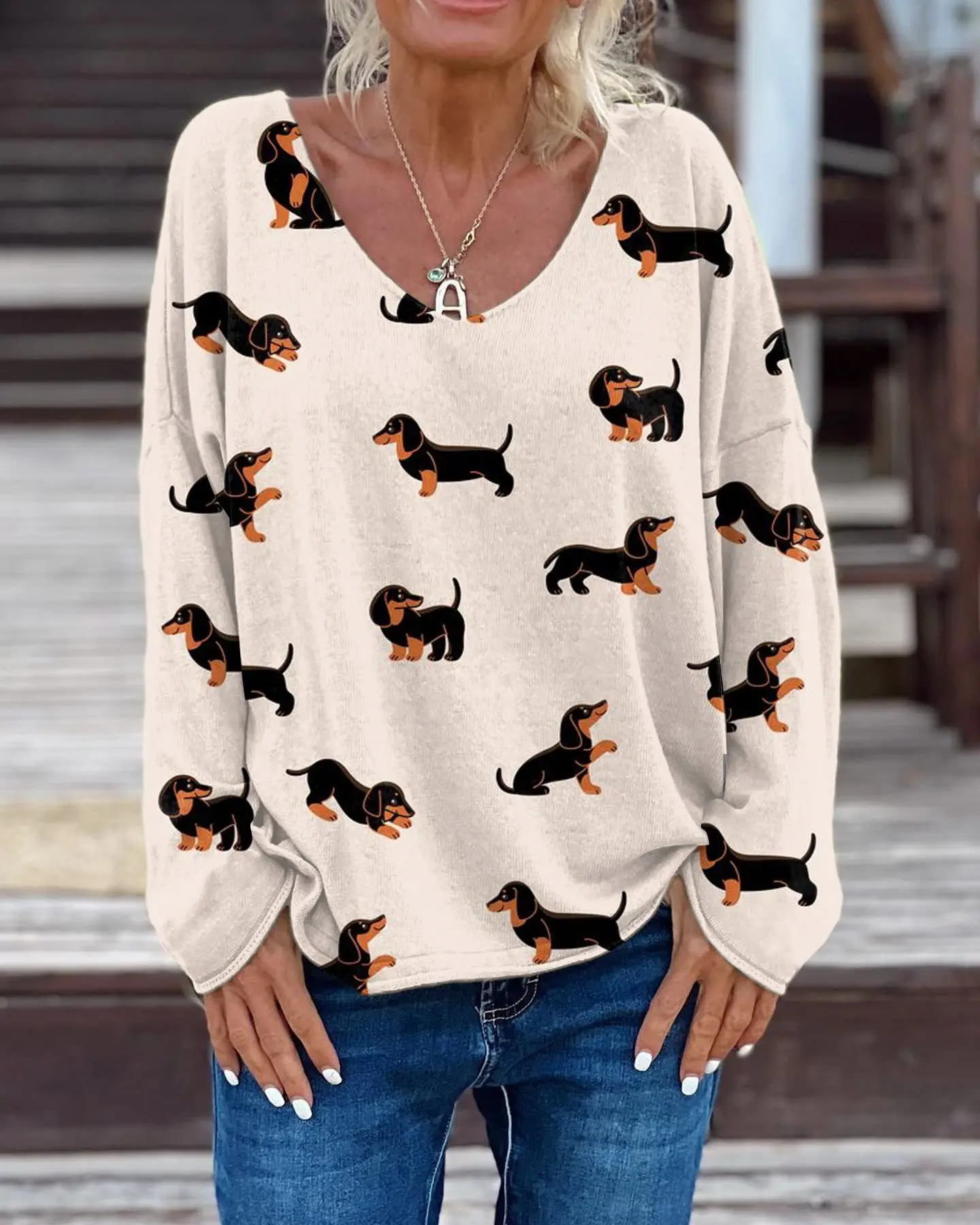 Women's Dogs Print Casual V-Neck Loose T-Shirt