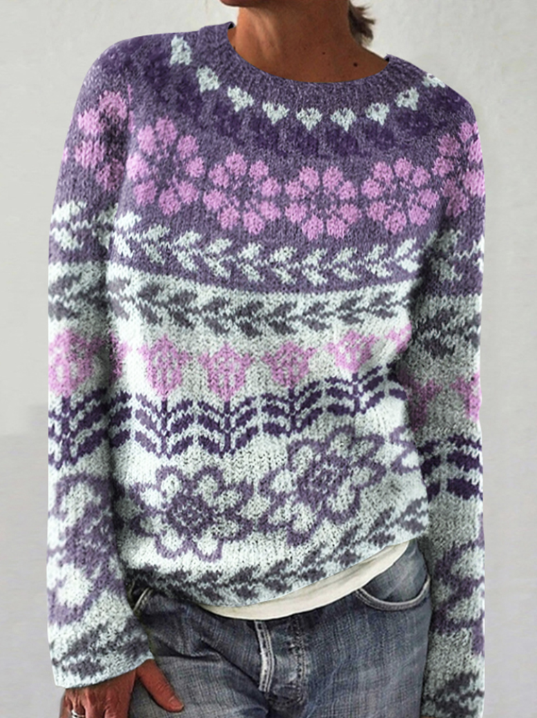 Flower patterned Icelandic round neck knitted sweater