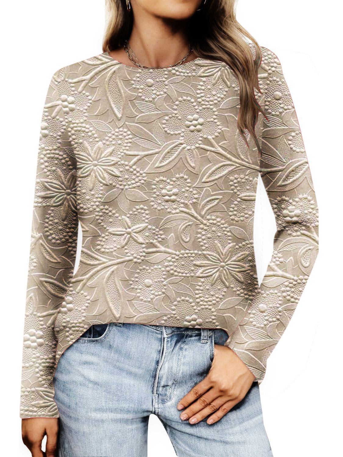 Retro 3D floral pattern long sleeved T-shirt