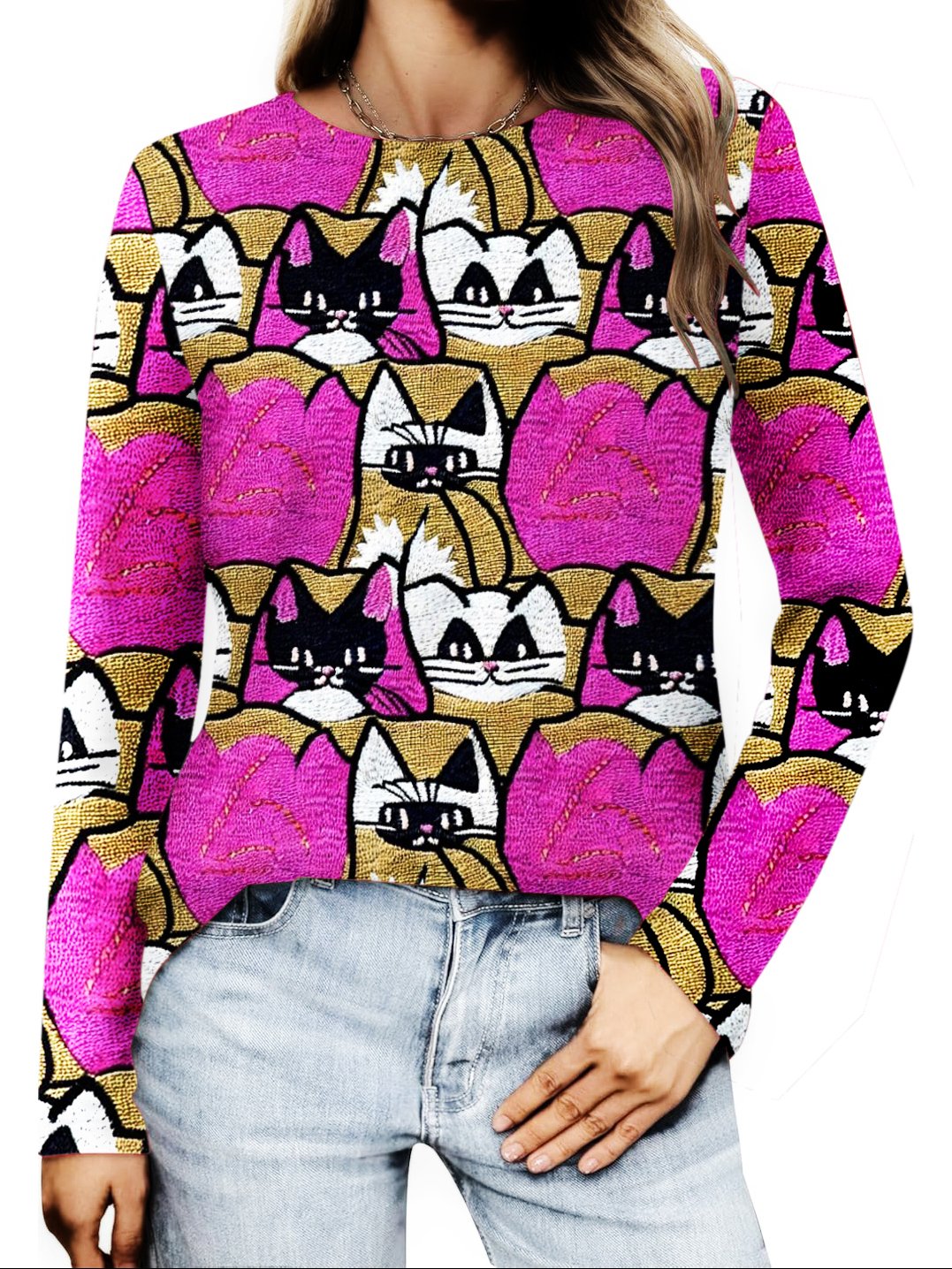 Embroidered cat pattern long sleeved T-shirt