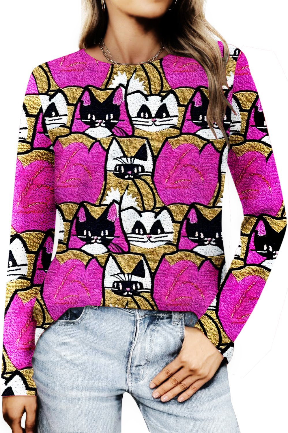 Embroidered cat pattern long sleeved T-shirt