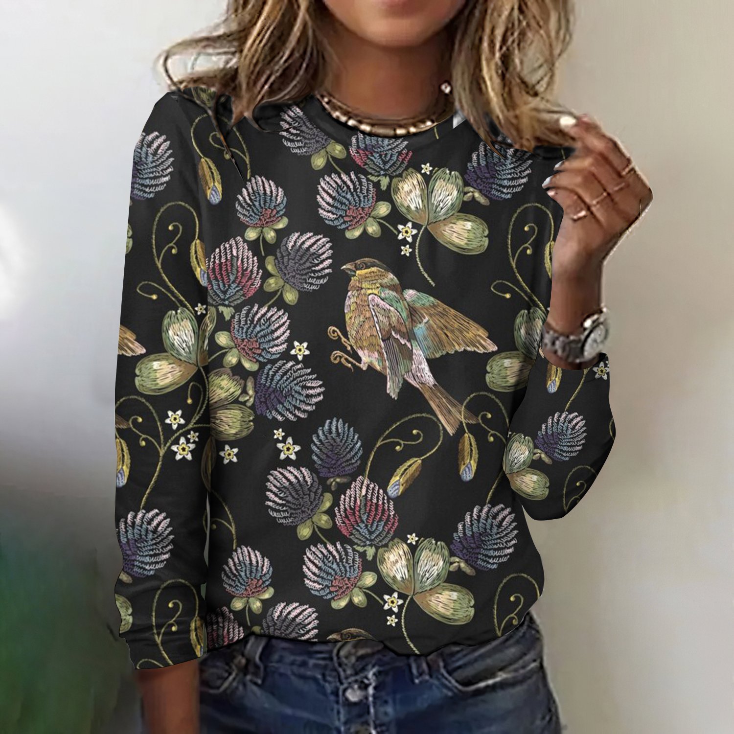 Flower and Bird Art Flower Long Sleeve T-shirt