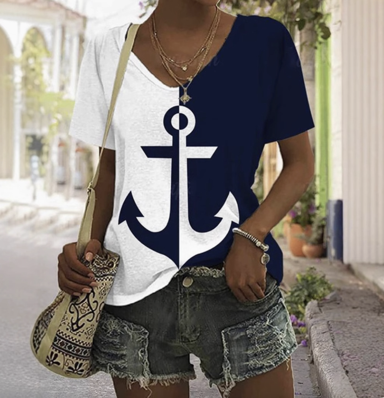 Anchor print color blocked short sleeved T-shirt