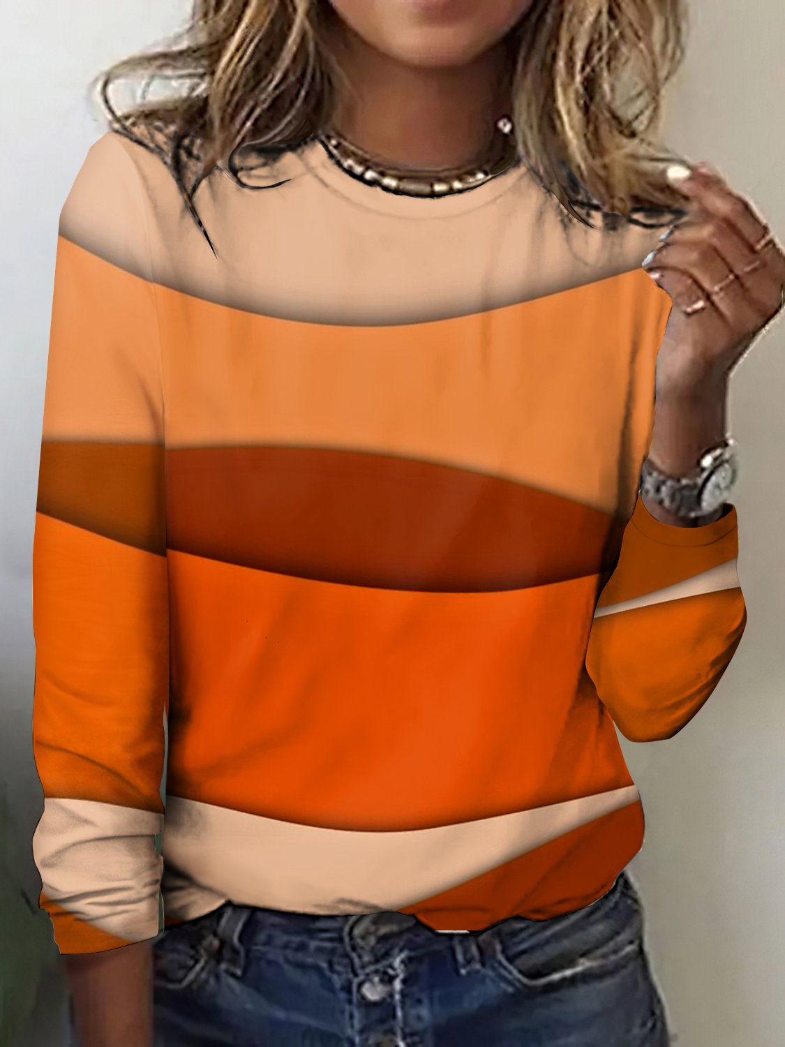 Geometric color blocked casual long sleeved T-shirt