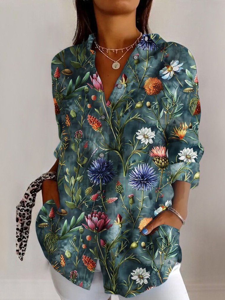 Plant flower printed long sleeved shirt