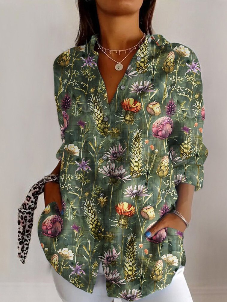 Plant flower printed long sleeved shirt