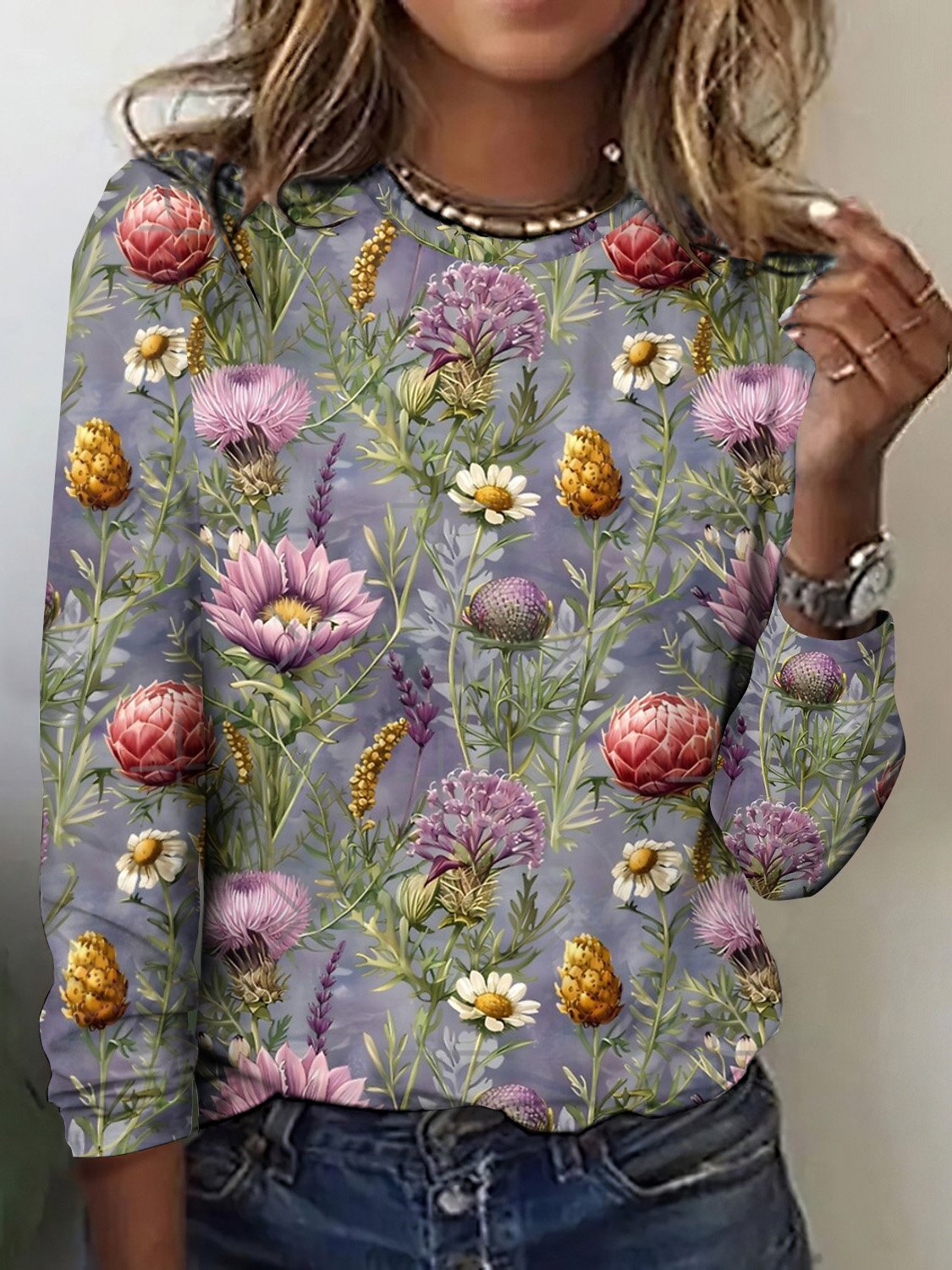 Plant flower printed casual long sleeved T-shirt
