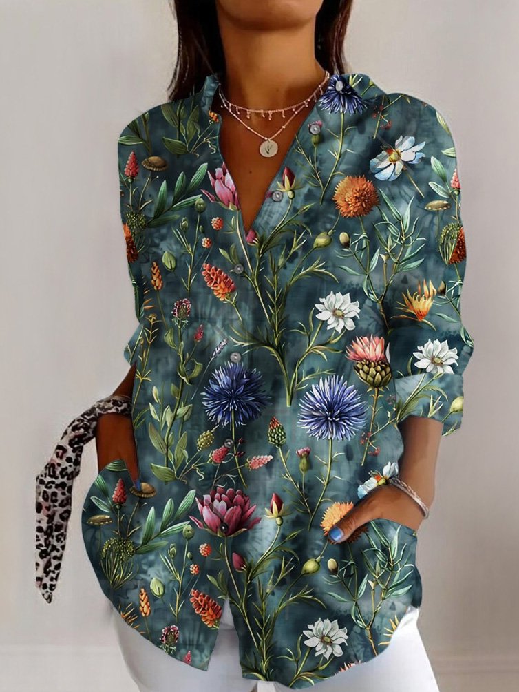 Plant flower printed long sleeved shirt