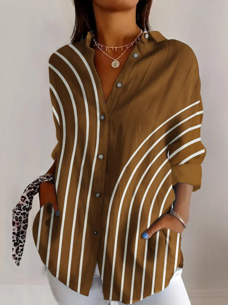 Geometric color blocked line casual long sleeved shirt