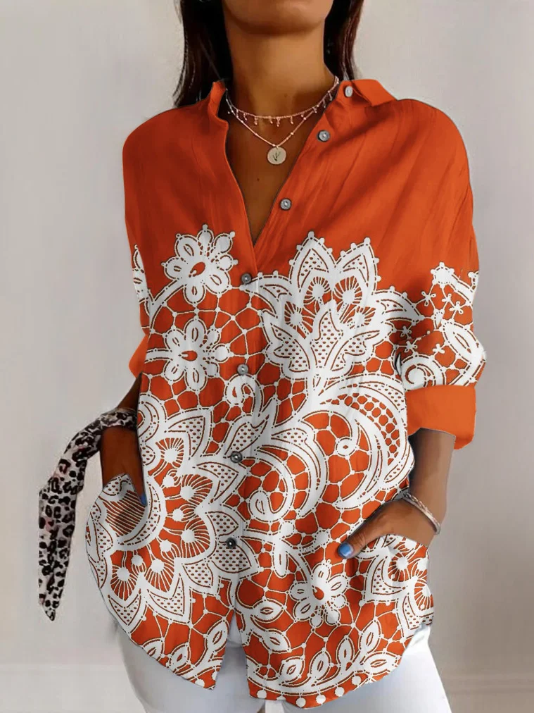 Lace floral print long sleeved shirt