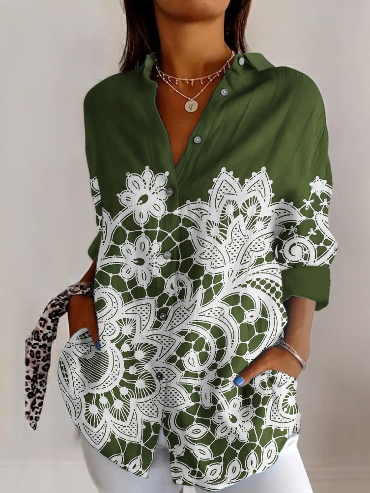 Lace floral print long sleeved shirt