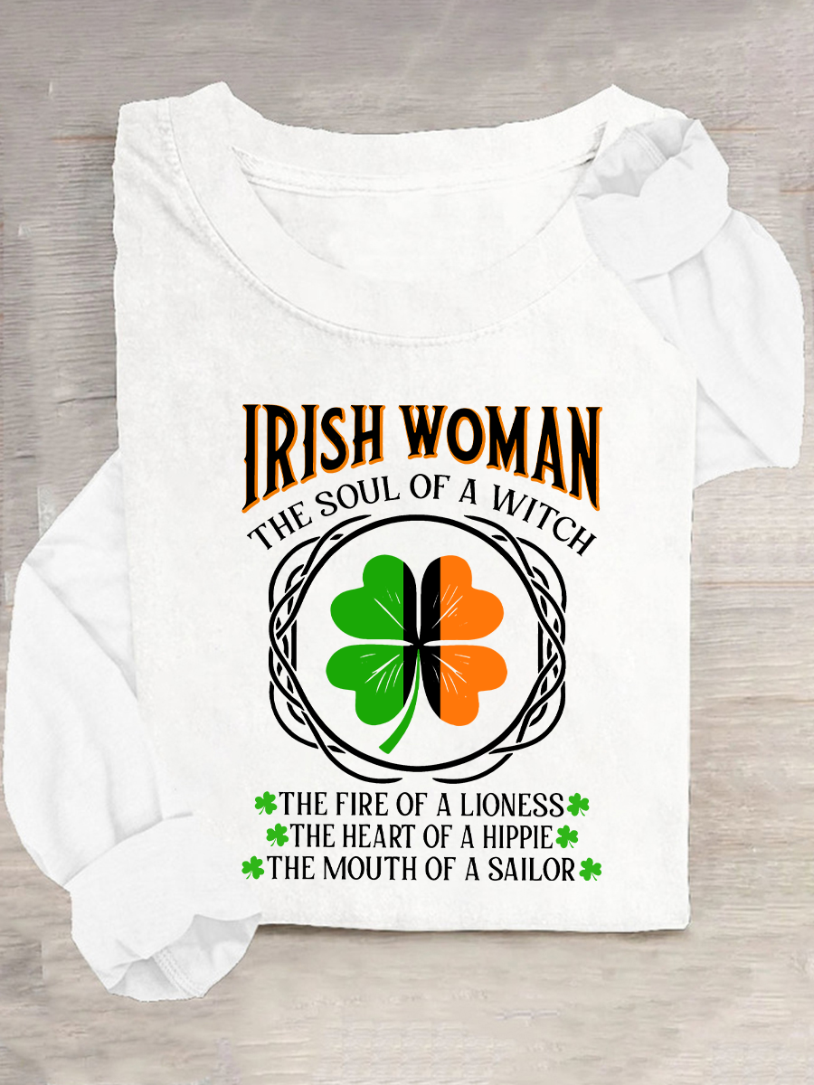 Irish Woman Fire Of A Lioness Heart Of A Hippie - Funny St Patrick's Day Casual Long Sleeve Shirt