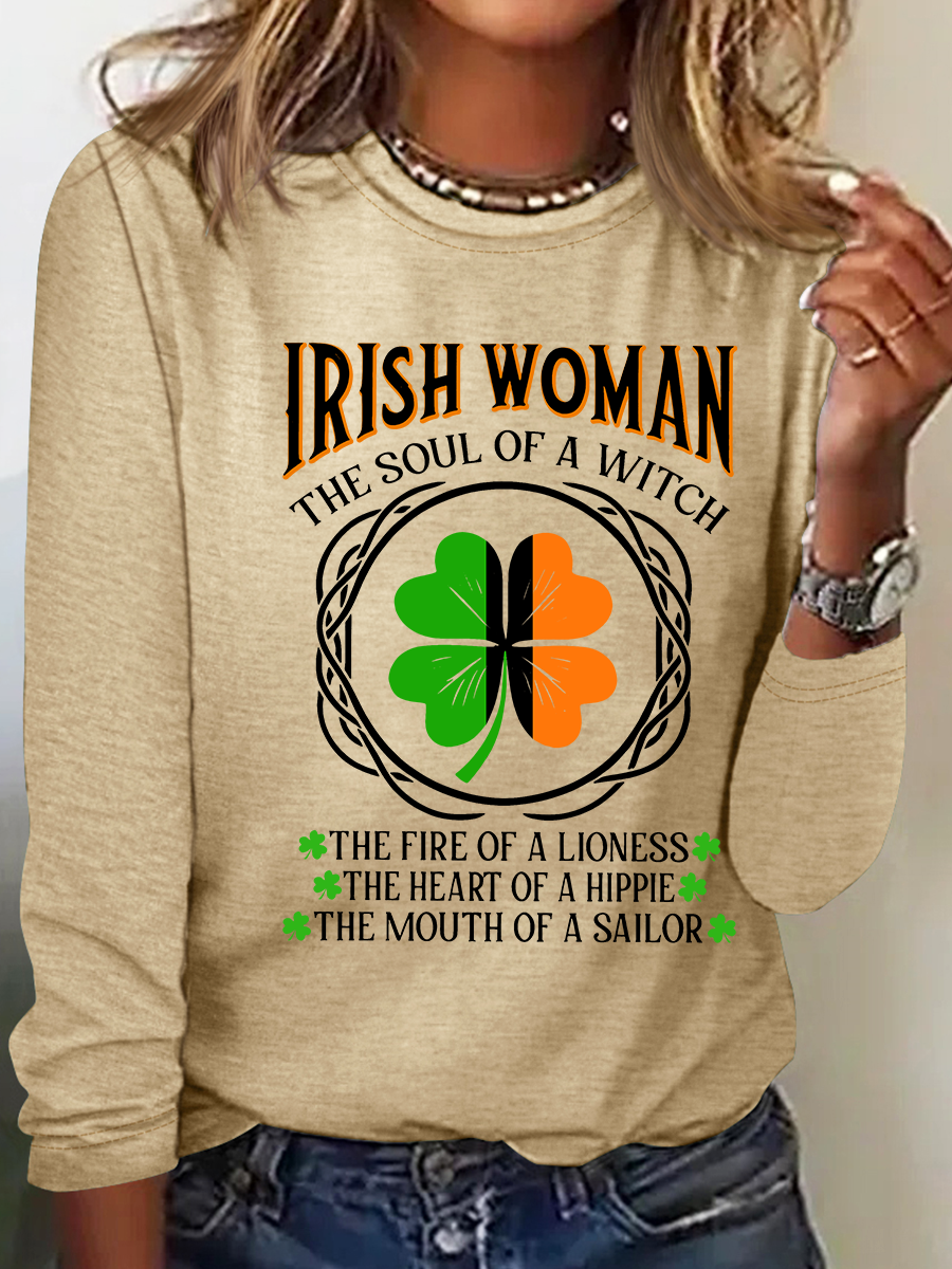 Irish Woman Fire Of A Lioness Heart Of A Hippie - Funny St Patrick's Day Casual Long Sleeve Shirt