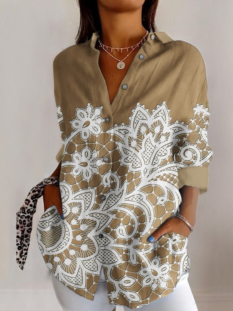 Lace floral print long sleeved shirt