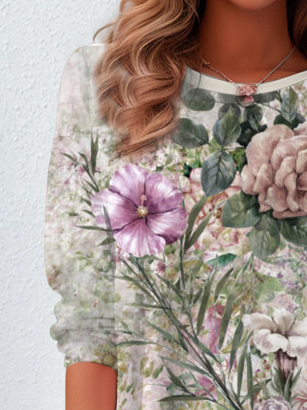 Floral Print Long Sleeve Crew Neck T-shirt