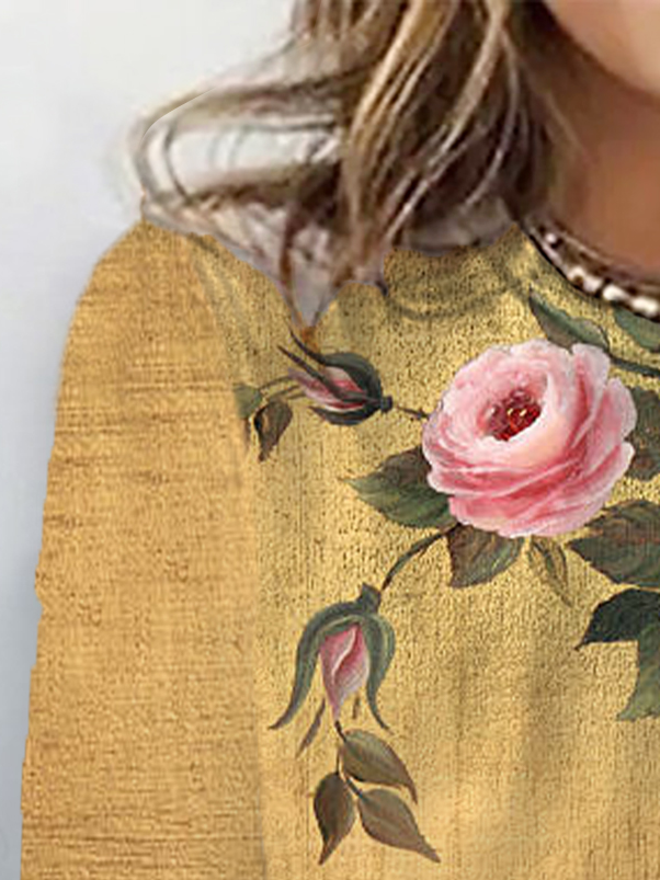 Women's Long Sleeve T-shirt Spring/Fall Yellow Floral Cotton Crew Neck Daily Going Out Casual Top