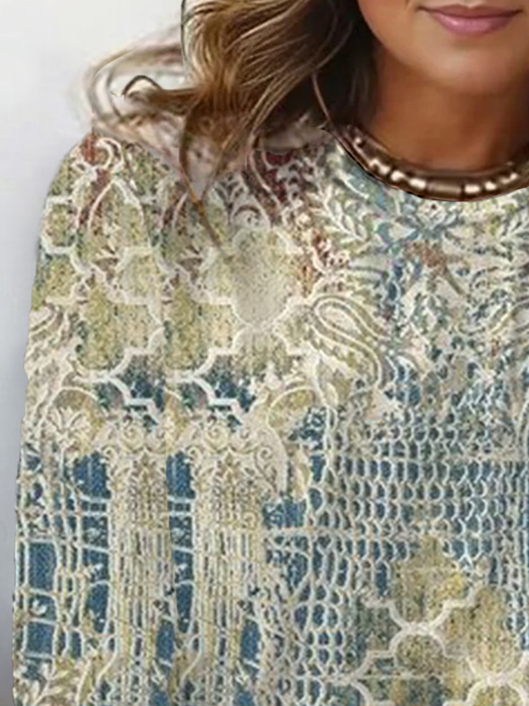 Ethnic Print Long Sleeve Crew Neck T-shirt