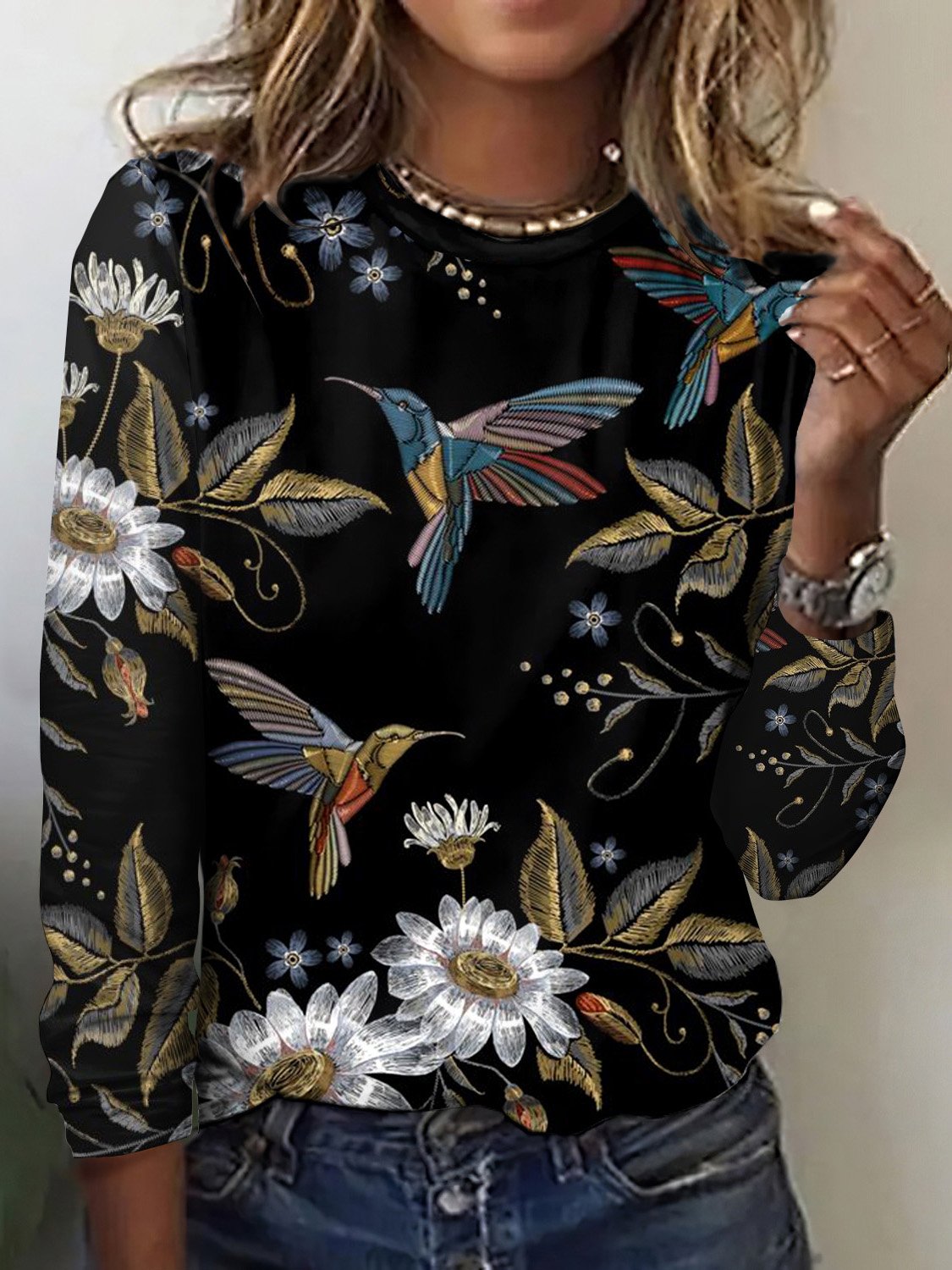 Vintage Flower and Bird Pattern Long Sleeve T-shirt