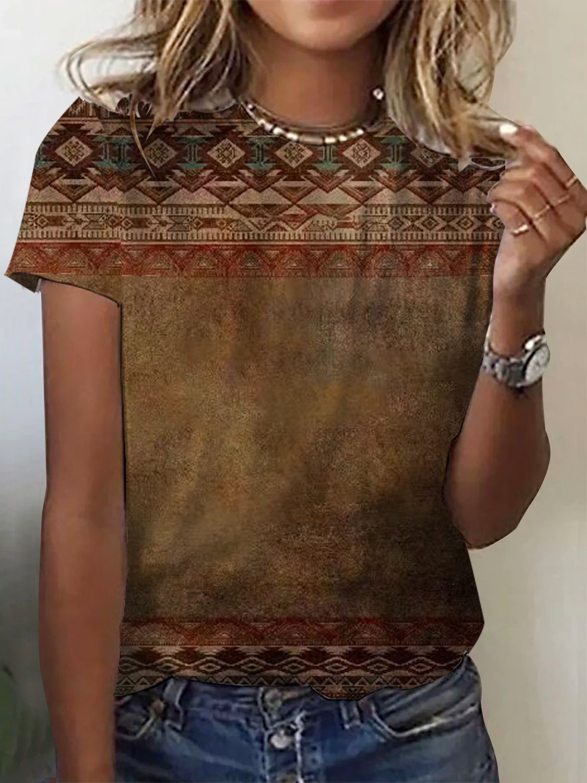 Ethnic Print Short Sleeve Crew Neck T-shirt