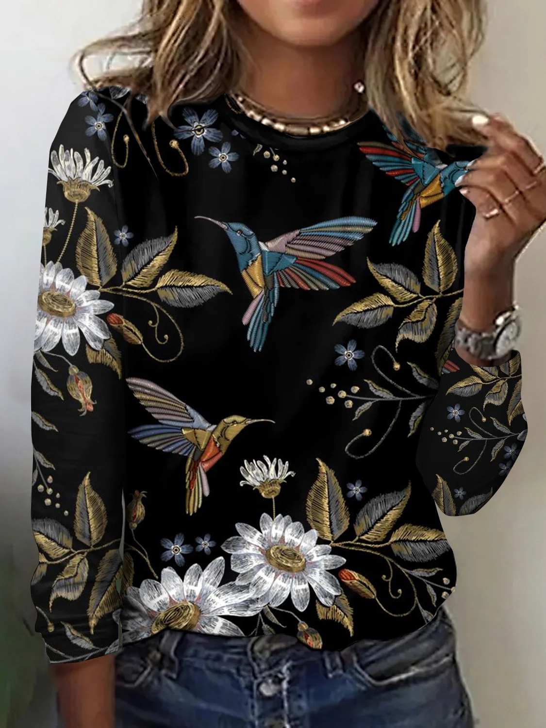 Vintage Flower and Bird Pattern Long Sleeve T-shirt