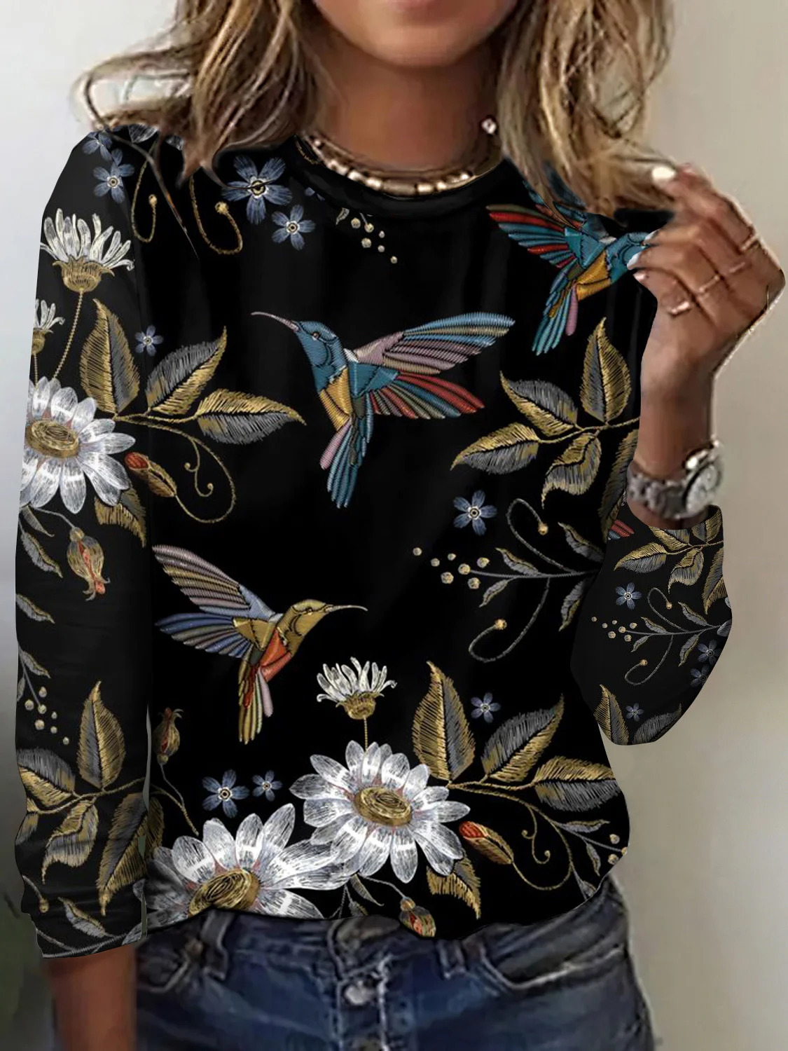 Vintage Flower and Bird Pattern Long Sleeve T-shirt