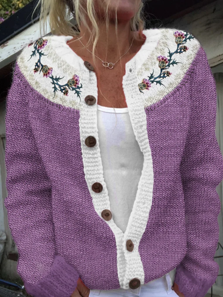 Scottish thistle color blocked knit sweater cardigan