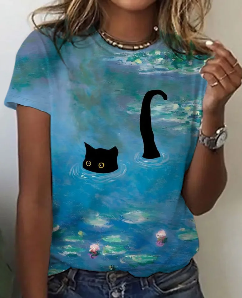 Women's Lotus Black Cat Print 3D Printing Casual T-shirt