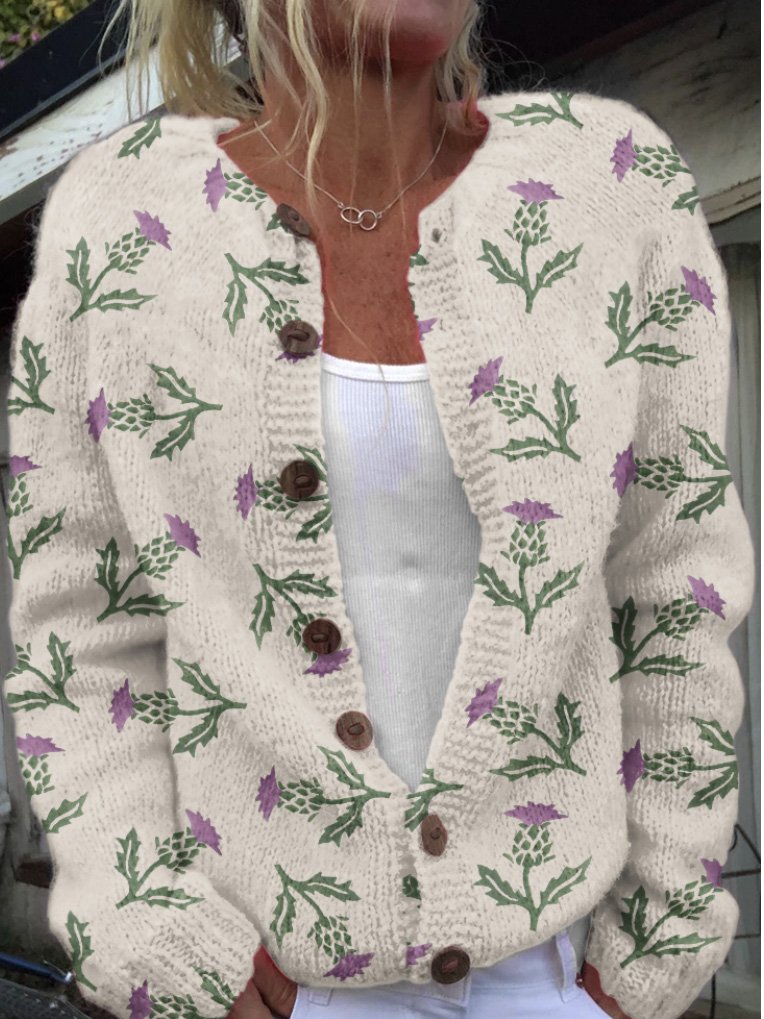 Scottish Thistle Art Knitted Sweater Cardigan