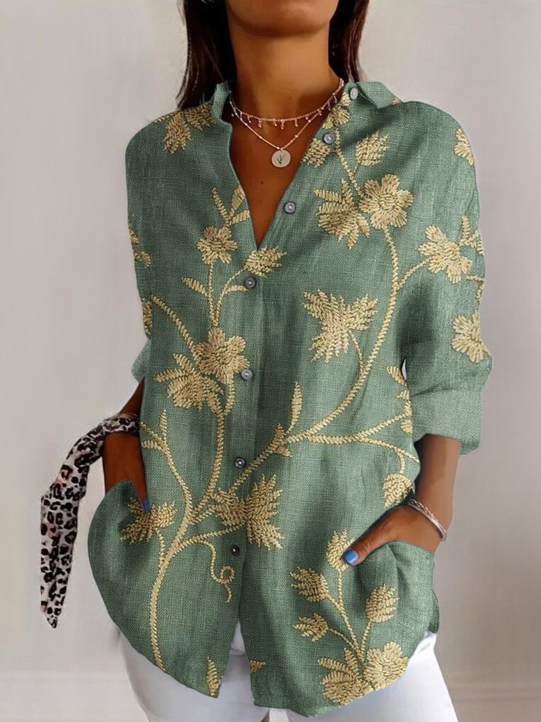 Retro floral embroidery casual long sleeved shirt