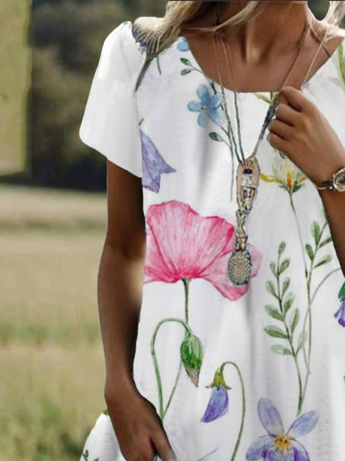 Floral Print Short Sleeve Crew Neck Dress