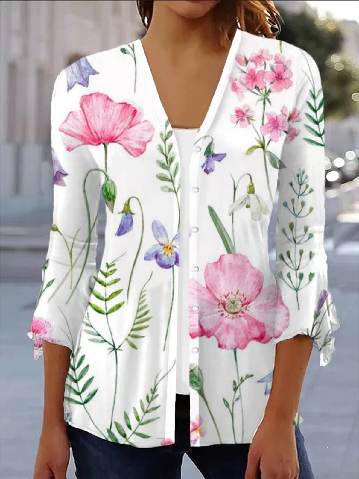 Floral Print Long Sleeve Shawl Jacket